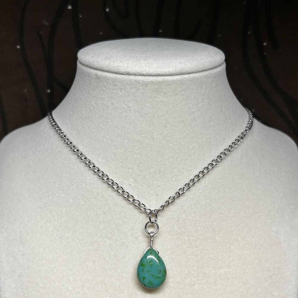 Turquoise picasso czech dainty czech glass boho chic minimalist necklace silver
